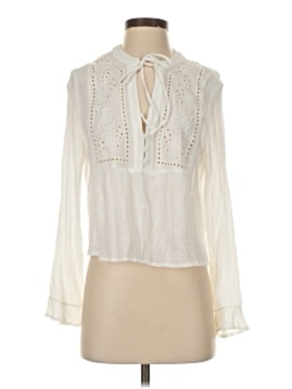 Zara Embroidered Gauze Crop Top Tie Neck Boho Peasant Blouse M